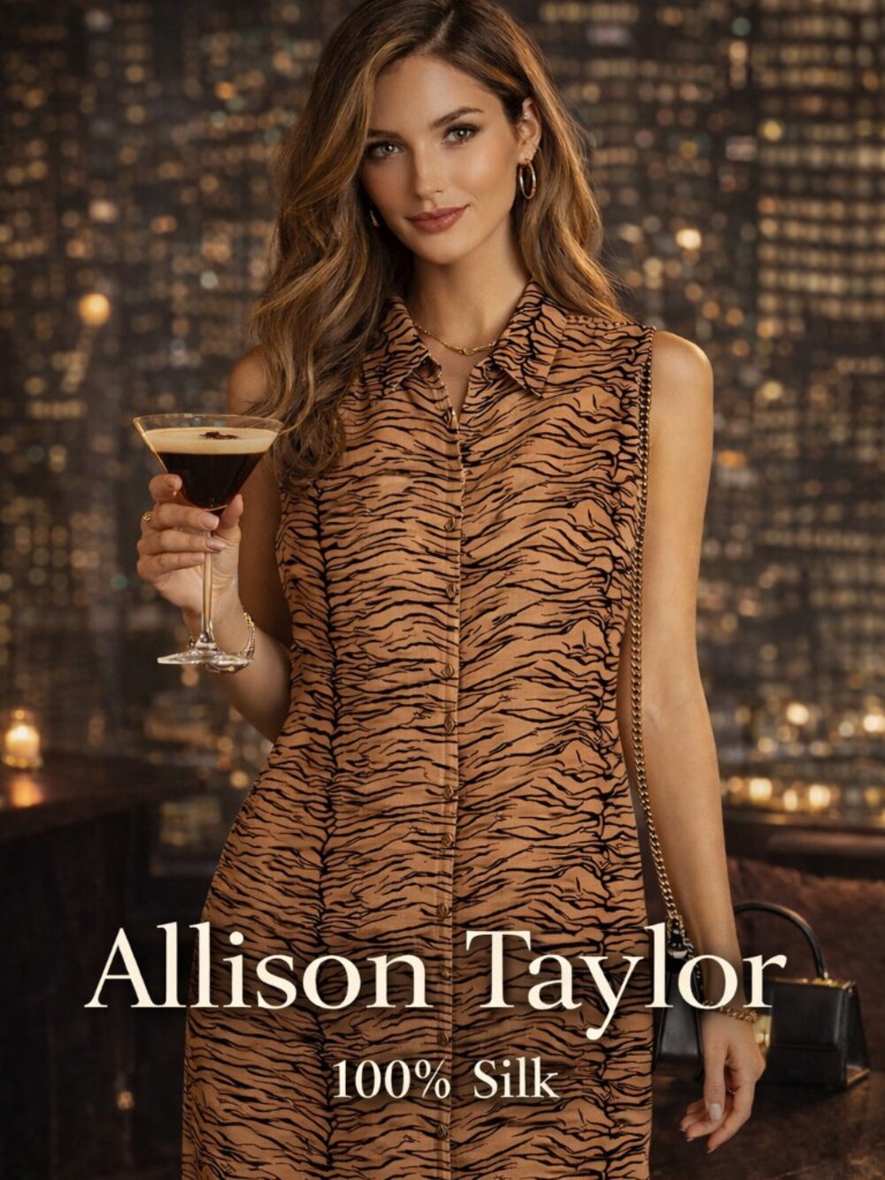 Allison Taylor 100% Silk Tiger Print Sleeveless Button Front Dress Size 6